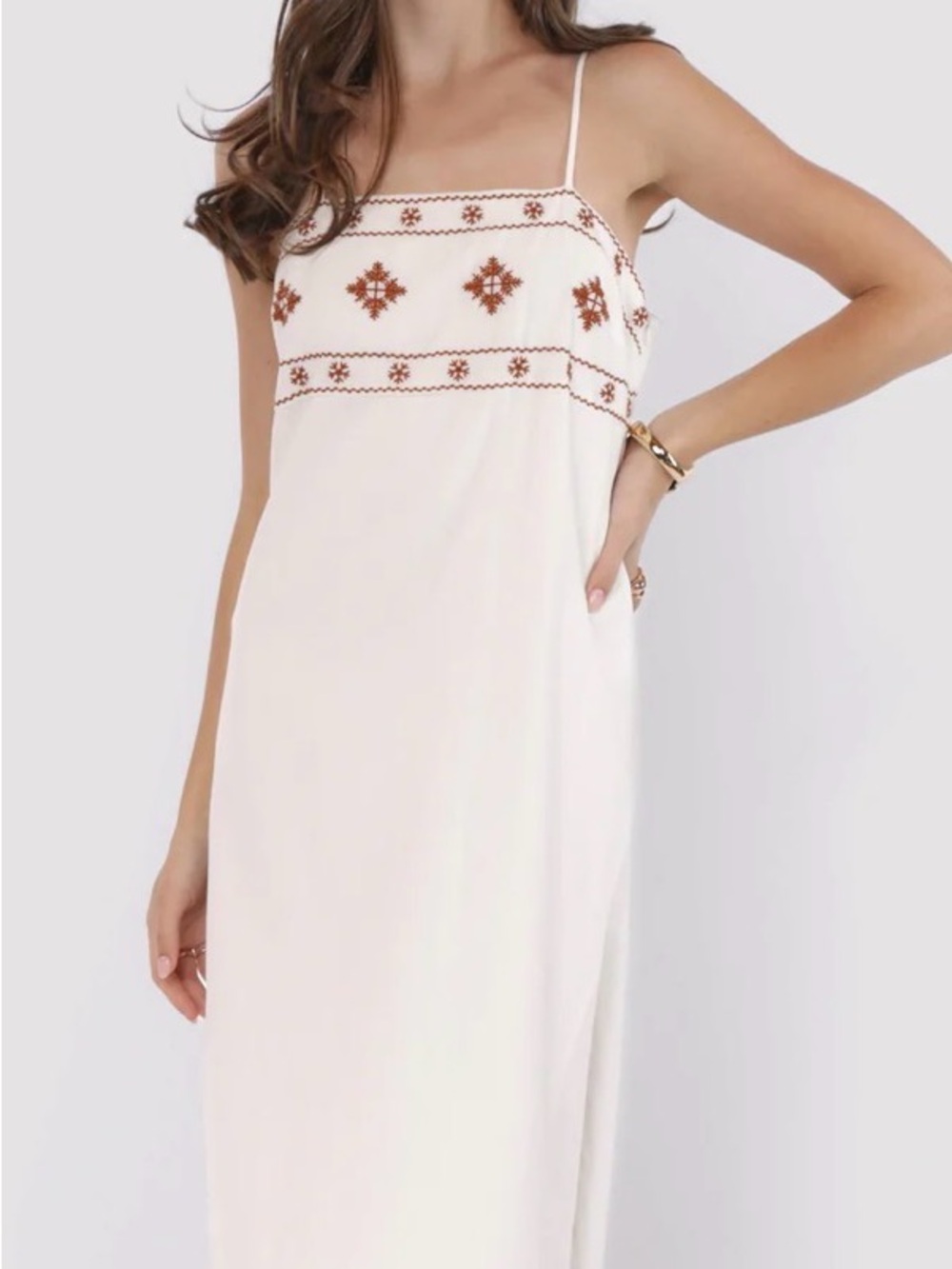 Sadie & Sage Cream Maxi Dress with Brown Embroidered Yoke
